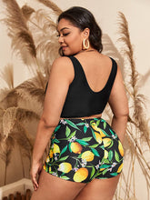 Load image into Gallery viewer, Lemon Print Black High Waisted Crop Top Plus Size Swimsuit