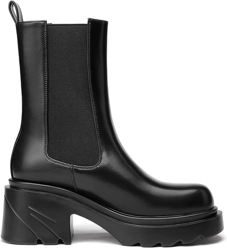 Platform Black Mid Calf Chunky Block Chelsea Boots