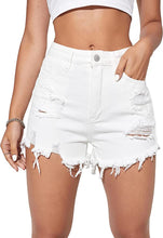 Load image into Gallery viewer, Distressed Denim White Raw Hem High Waist Shorts