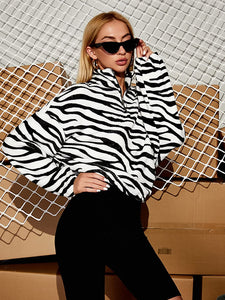 Black and White Drop Shoulder Half Zip Long Sleeve Oversized Sweatshirt