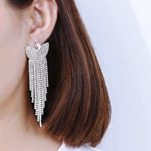 Sparkling Rhinestone Butterfly Tassel Silver Crystal Dangle Earrings