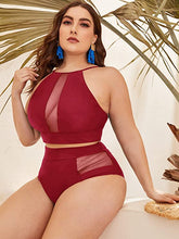 Load image into Gallery viewer, Plus Size Red Halter High Waist 2pc Mesh Swimsuit
