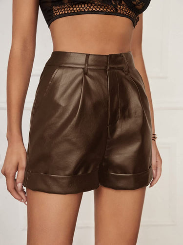 High Waisted Brown PU Roll Hem Leather Short