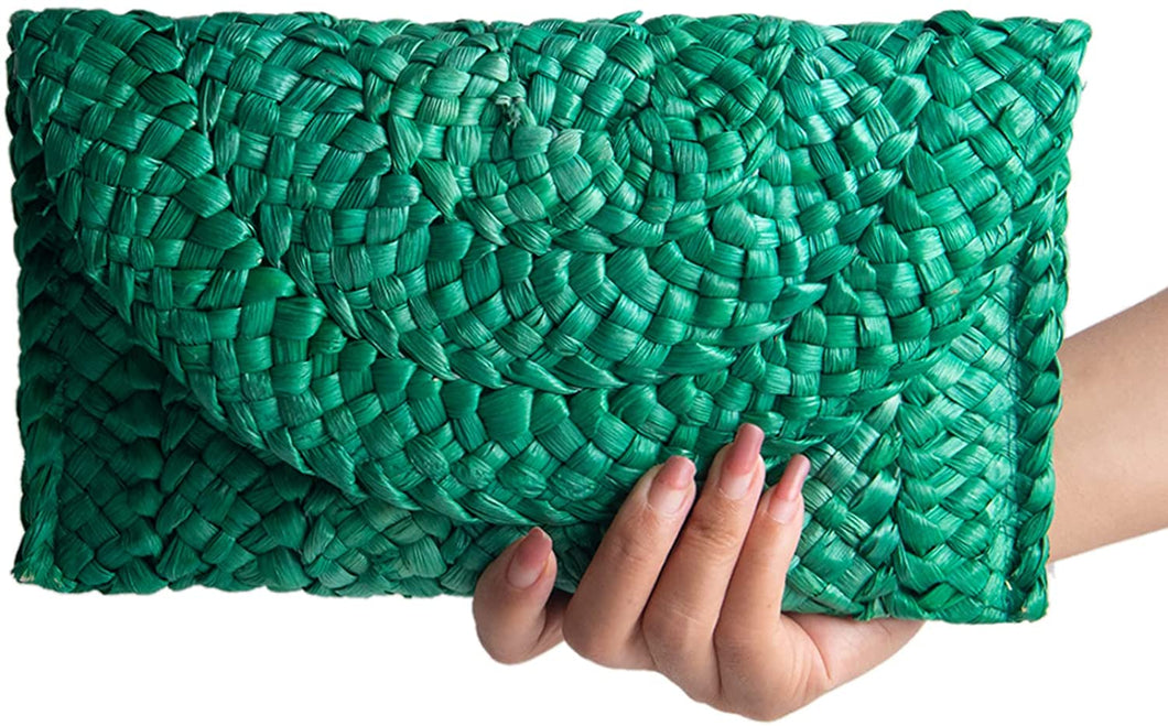 Envelope Handbag Green Beach Straw Clutch Purse