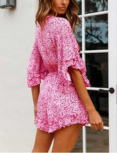 Load image into Gallery viewer, Elastic Waist Hot Pink Floral Print Rompers Short Jumpsuit