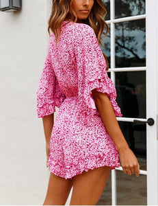 Elastic Waist Hot Pink Floral Print Rompers Short Jumpsuit