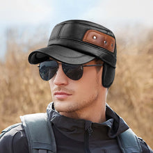 Load image into Gallery viewer, Men&#39;s Brown-Black Leather Military Cadet Peaked Cap with Earflap