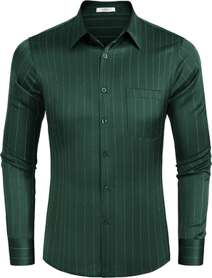 Men's Luxury Army Green Satin Shiny Button Up Dress Shirt