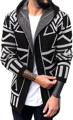 Men's Black Tribal Print Hooded Knitwear Black Cardigan Jacket