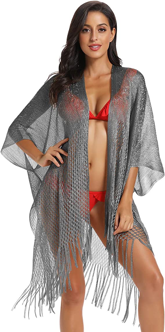 Metallic Silver Kimono Fringe Cover Up