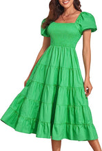 Load image into Gallery viewer, Mod Style Summer Green Puff Sleeve Midi Dress