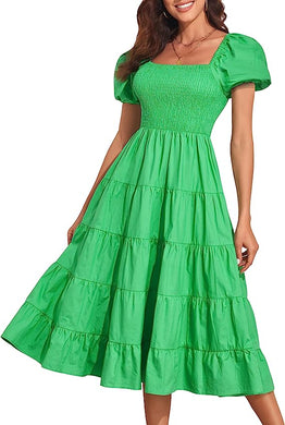 Mod Style Summer Green Puff Sleeve Midi Dress