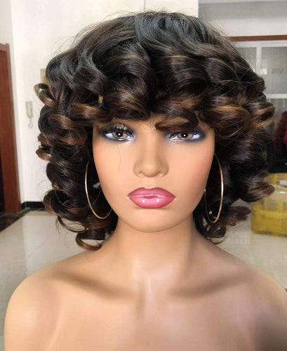 Black/Brown Short Ringlet Kinky Curly Wigs with Bangs