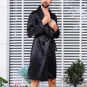 Men's Black Satin Silk Long Sleeve Robe