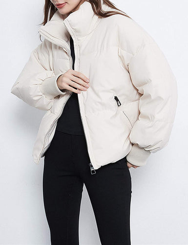 Puffer Beige Full Zip Stand Collar Long Sleeve Women's Coats