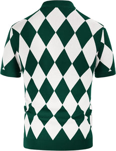 Men's White/Green Diamond Pattern Short Sleeve Sweater