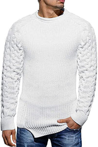 Men's White Braided Knit Long Sleeve Knit Sweater