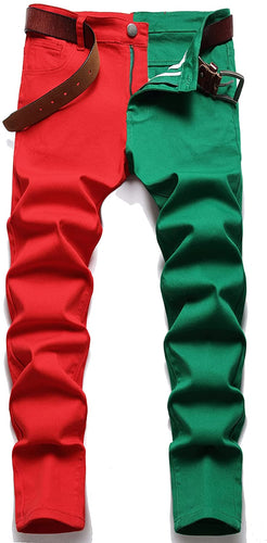 Two Tone Red-Green Men's Slim Fit Distressed Jeans