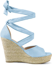 Load image into Gallery viewer, Women&#39;s Blue Lace Up Espadrilles Wedge Sandals