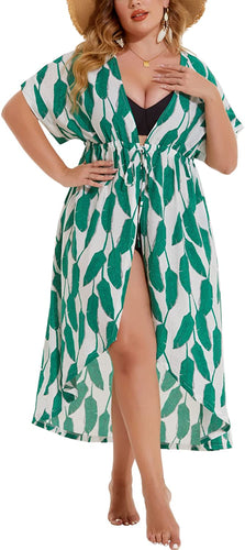 Kimono Green Leaf Tie Front Plus Size Long Coverups