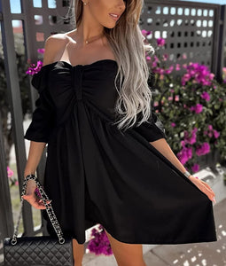 Women's Black Puff Sleeve Off Shoulder A-Line Mini Dress