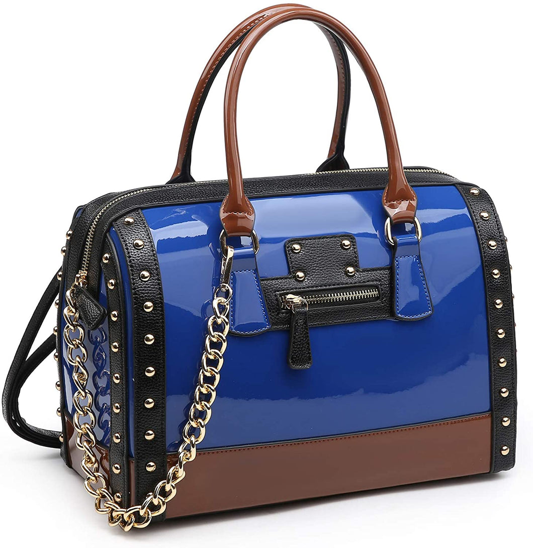Top Handle Satchel Blue Patent Faux Leather Handbags