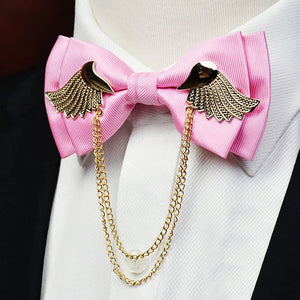 Men's Pink Adjustable Metal Golden Wings Chained Bowtie