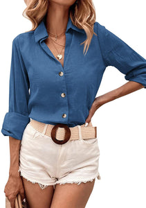 Casual Long Sleeve Button Down V Neck Blouse