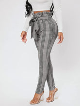 Load image into Gallery viewer, High Waist Ruffled Belted Black &amp; Grey Plaid Paper Bag Pants