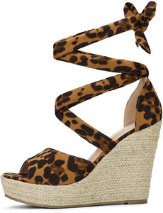 Women's Leopard Brown Lace Up Espadrilles Wedge Sandals