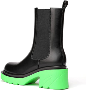 Platform Black/Green Calf Chunky Block Heel Chelsea Boots