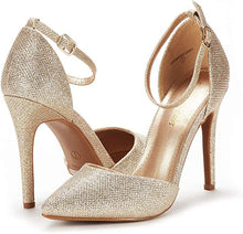 Load image into Gallery viewer, Silver Glitter Ankle Strap Pointed Toe Stiletto Heels