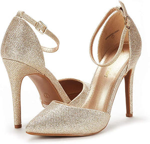 Silver Glitter Ankle Strap Pointed Toe Stiletto Heels