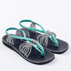 Boho Navy Blue Handwoven Braided Flat Sandals