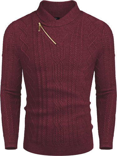 Shawl Collar Red Pullover Cable Knitted Men's Sweater