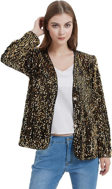 Gold Shiny Open Front Long Sleeve Women's Sequins Blazer