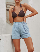 Load image into Gallery viewer, Casual High Waisted Light Blue Wide Leg Denim Shorts