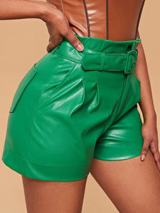 Faux Leather Green High Waist Flap Pocket PU Leather Shorts