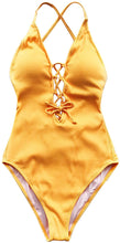 Load image into Gallery viewer, Cabana Yellow One Piece Lace Up Swimsuit