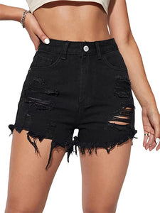 Distressed Denim Light Blue Raw Hem High Waist Shorts