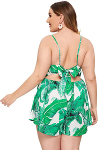Plus Size V-Neck Green Wrap Tie Casual Short Rompers