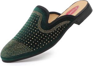 Men's Velvet Leather Green Studded Slip On Shoes