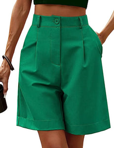 Chic Green High Waist Bermuda Shorts w/Pockets
