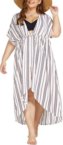 Kimono White Stripe Tie Front Plus Size Long Coverups