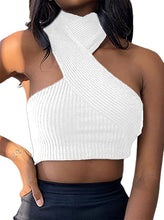 Load image into Gallery viewer, Madison White Tie Neck Halter Ribbed Knit Crop Top