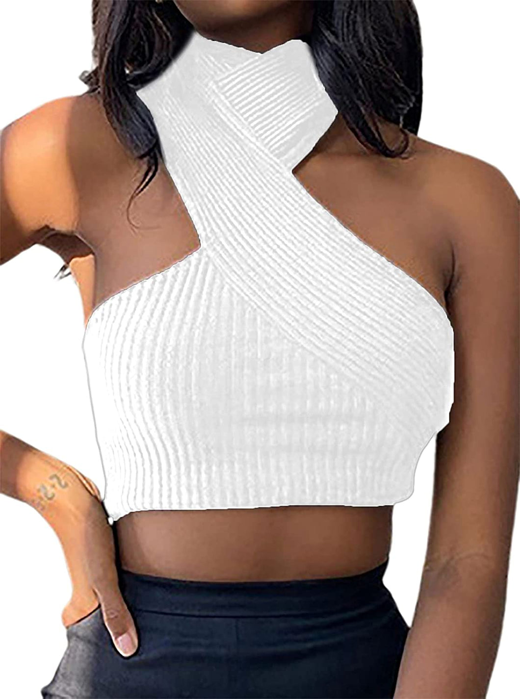 Madison White Tie Neck Halter Ribbed Knit Crop Top