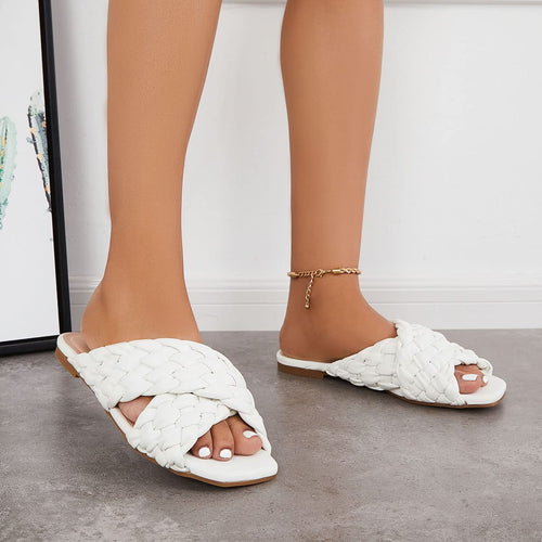 Square Open Toe White Braided Cross Band Flat Sandals