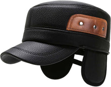 Load image into Gallery viewer, Men&#39;s Brown-Black Leather Military Cadet Peaked Cap with Earflap