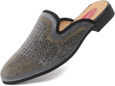 Men's Velvet Leather Gray Studded Slip On Dress Shoes