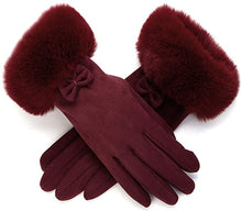 Load image into Gallery viewer, Red Wine Faux Fur Bow Tie Gloves